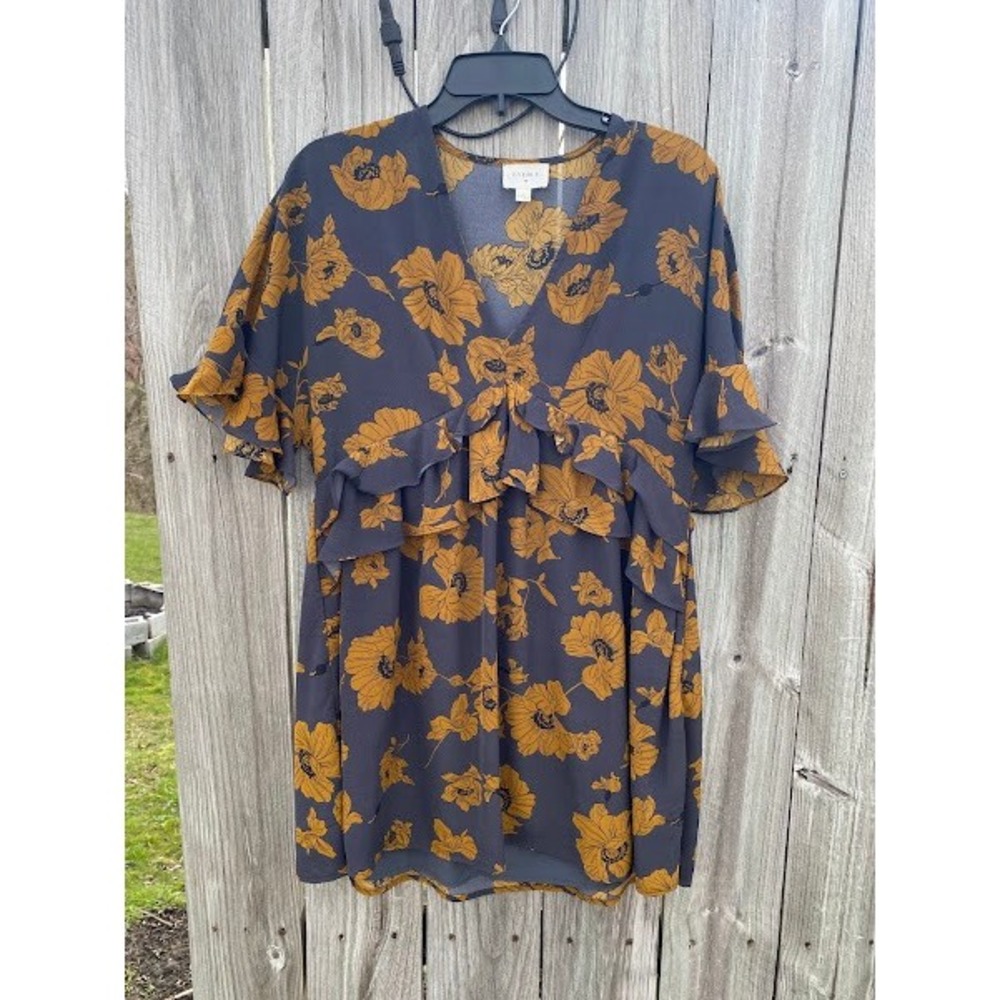 Everly Mustard Yellow Floral Ruffle V-Neck Mini Dress Charcoal Grey Womens Small